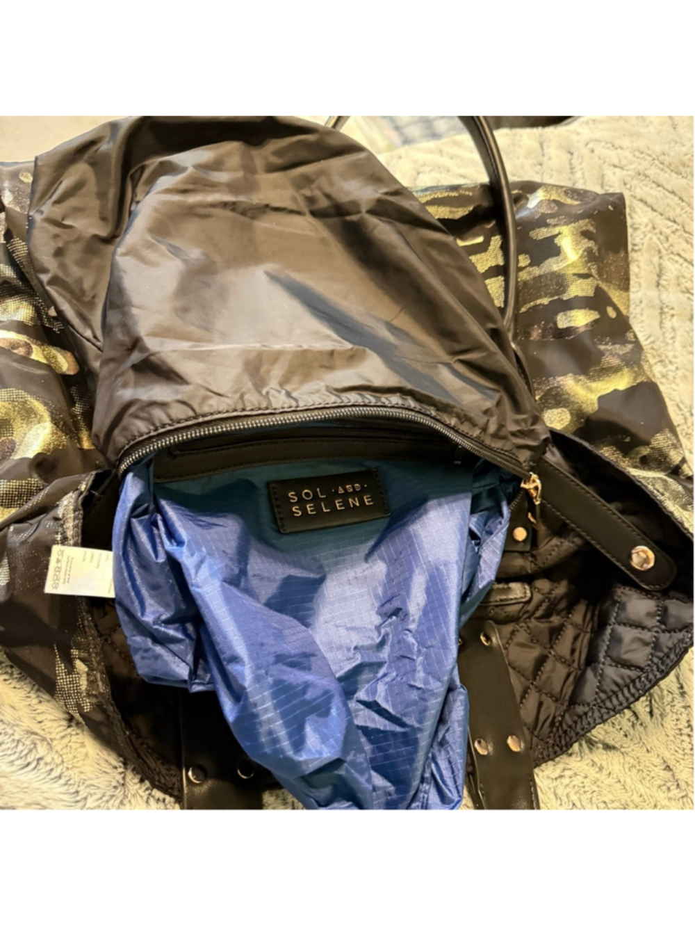 NEW Sol And Selene It Girl Camo Tote Reversible Metallic Black Gold Green NWOT - Picture 8 of 16
